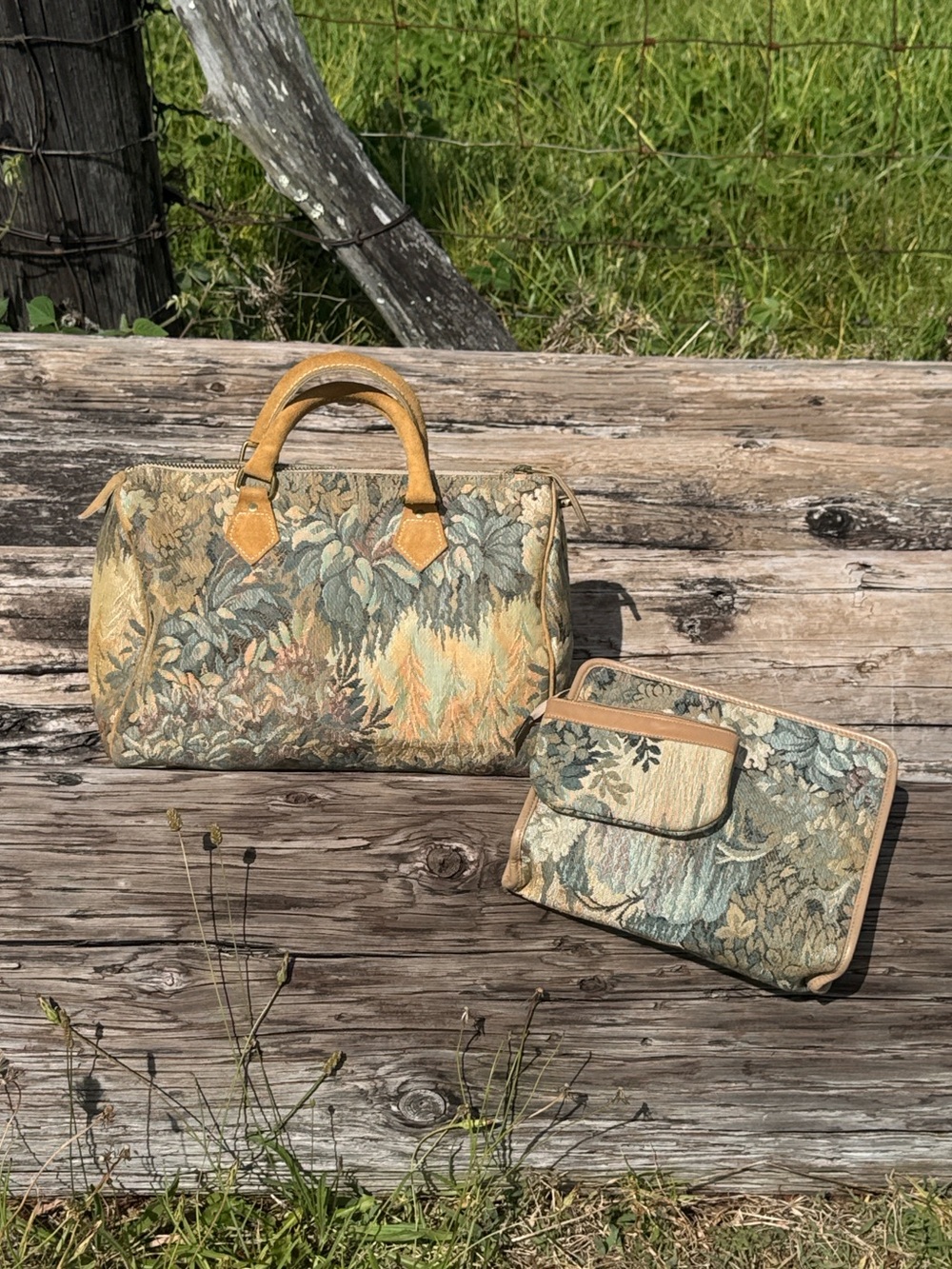 Vintage 80s French Luggage Co tapestry suede handbag purse bag set